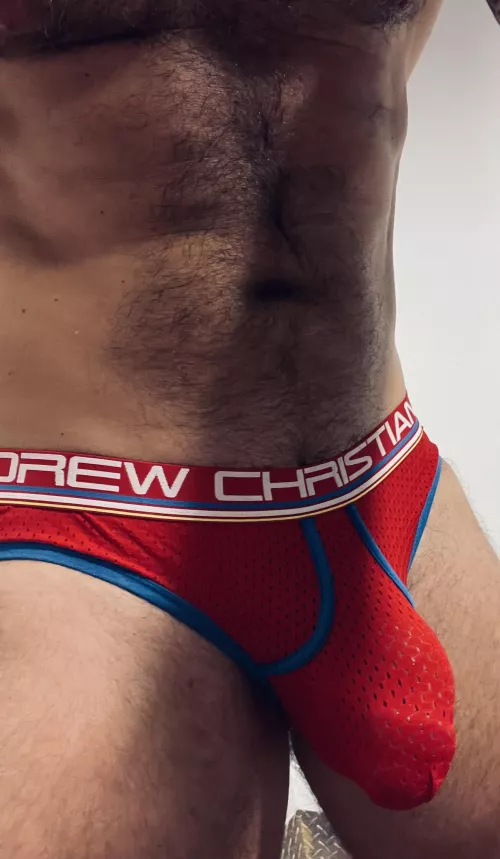 Wearing my buddy’s sweaty, musky jockstrap and all I can think about is his huge cock and balls in this same pouch