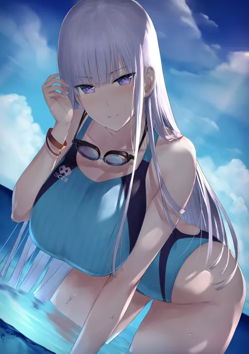 Grey Haired Girl in Turquoise Swimsuit