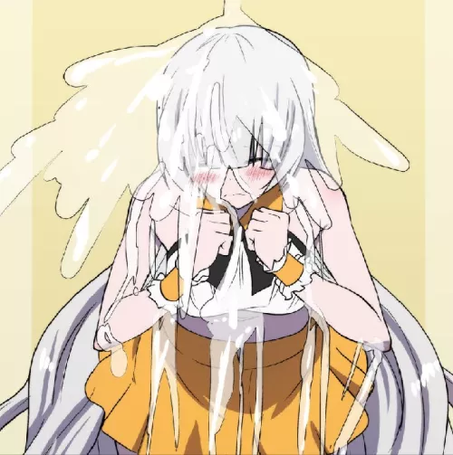 LF COLOR SOURCE: white hair, silver hair, cum, long hair, eye closed, 1girl, orange skirt, blush, wrist cuffs