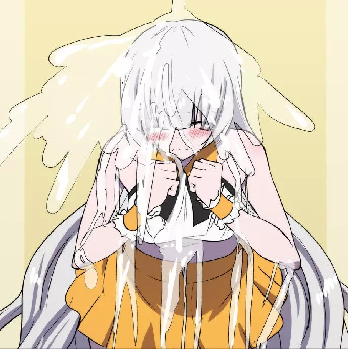 LF COLOR SOURCE: white hair, silver hair, cum, long hair, eye closed, 1girl, orange skirt, blush, wrist cuffs
