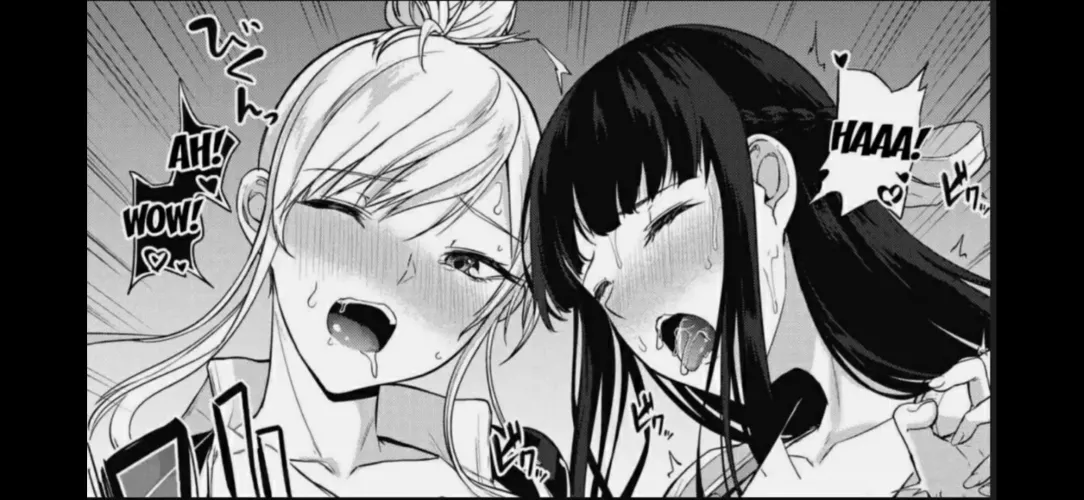 LF mono source: 2girls, black hair, tongue, eyes closed, bangs, 