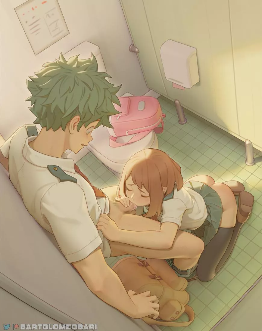 Uraraka giving Midoriya a sneaky blowjob in the bathroom [my hero academia] (bartolomeobari)