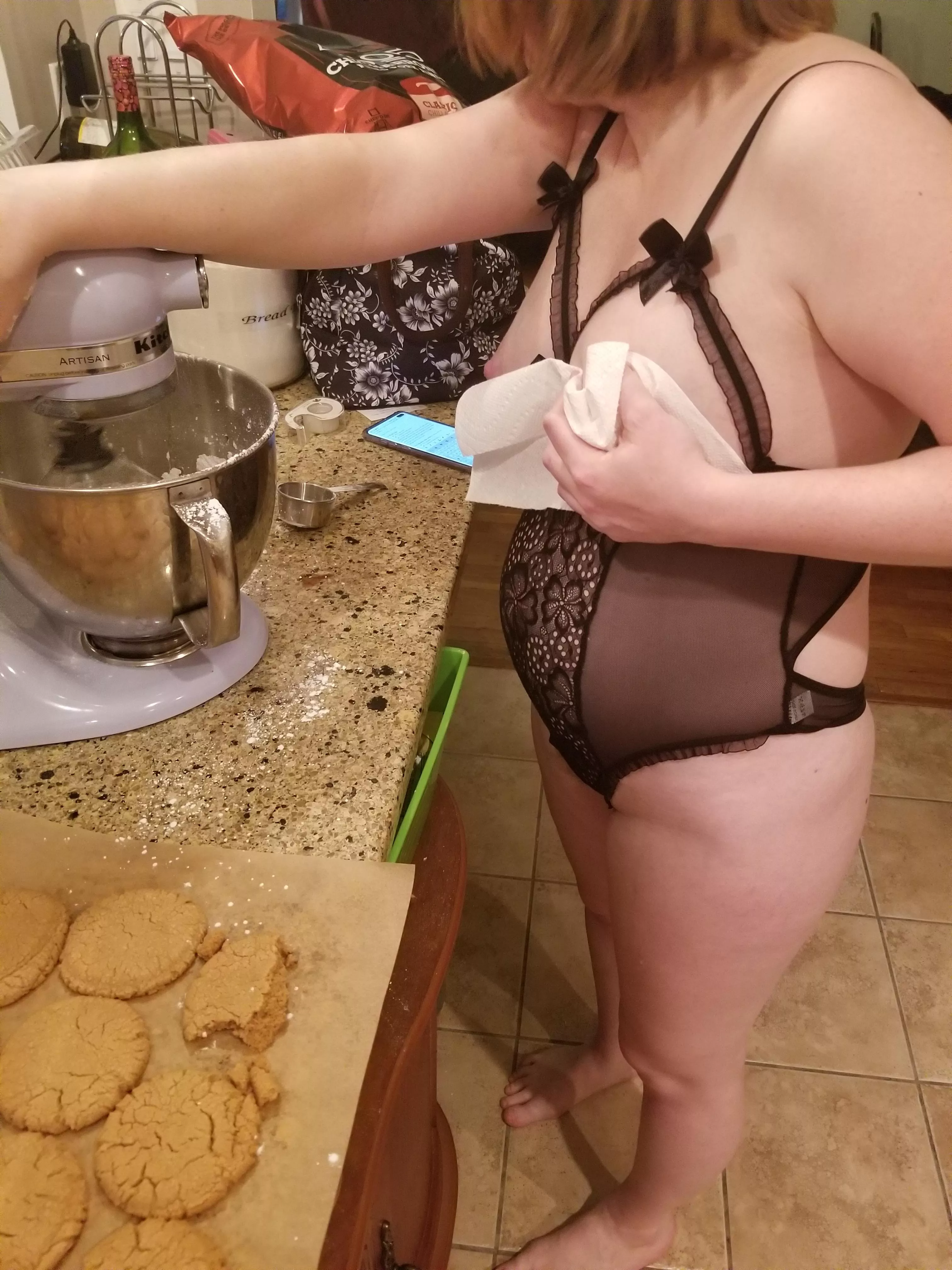 cooking while her breaststroke leaked milk