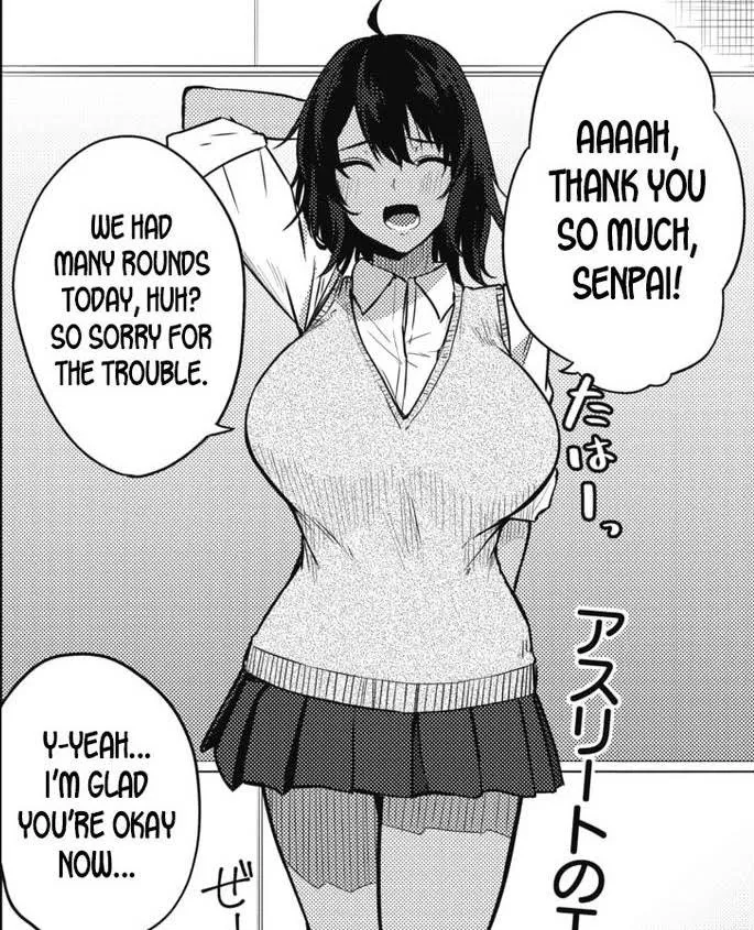 LF Mono Source: 1girl, tanned skin, tomboy, big boobs, ''aaah, thank you so much, senpai! we had many rounds today, huh? so sorry for the trouble. Y-yeah... I'm glad you're okay now...''