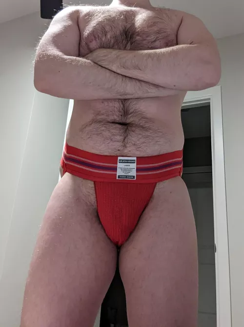 trying on the red jock