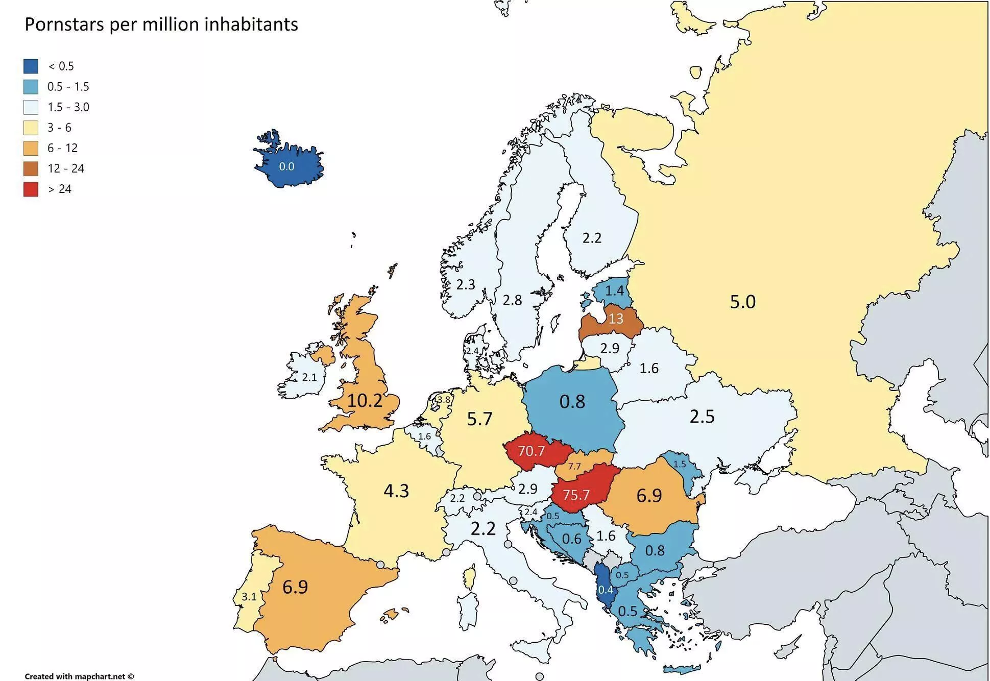 Map of pornstars per million inhabitants in Europe