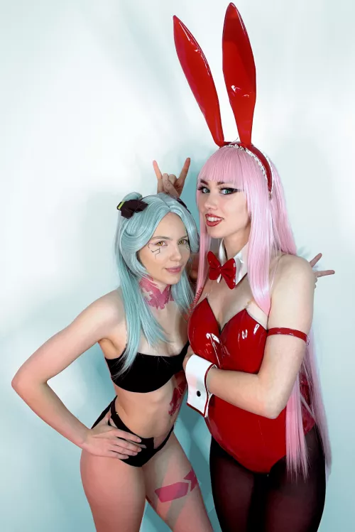 Rebecca from Edgerunners and ZeroTwo in a Bunnysuit wish you well! Cosplay by akikolatex