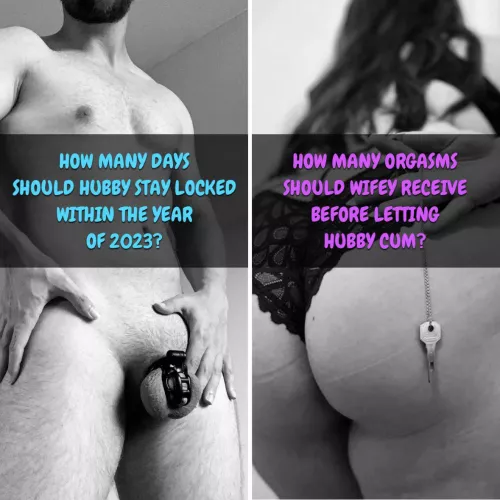 How many days should I stay locked? And how many orgasms should she receive before I'm allowed to cum? Obviously she has the final saying but it's always fun to get some inspiration!