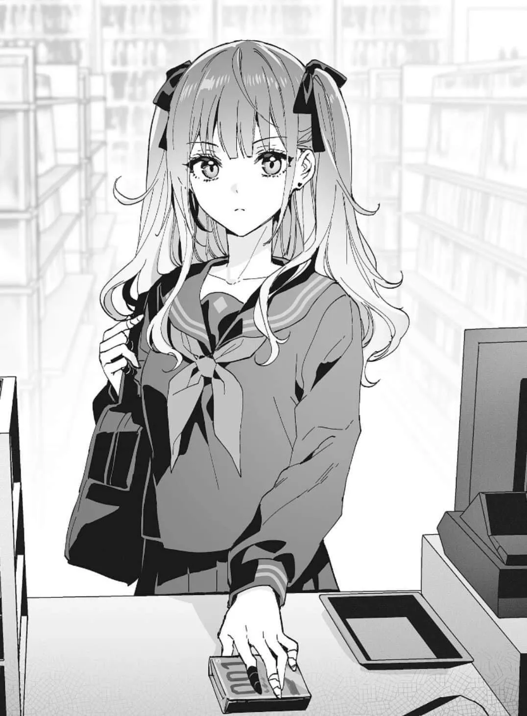 LF Mono Source: 1girl, bangs, black school uniform, buying condoms, cash register, collarbone, condom box, convenience store, earring, hair ribbon, light hair, looking at viewer, neckerchief, school bag, shop, shoulder bag, two side up
