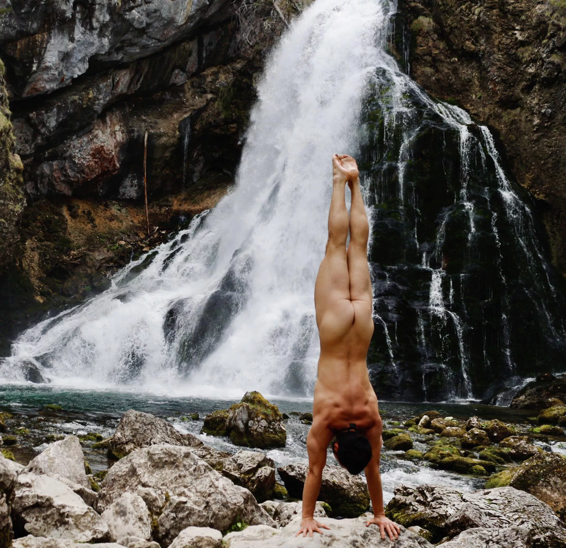 [M] nude handstand in front of waterfall, truly gone wild