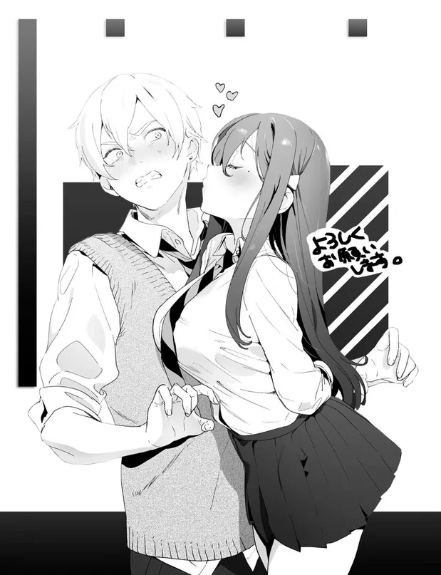 Mono 1boy, 1girl, arms behind back, breast press, clenched teeth, closed eyes, earrings, flustered, foreign text, hair between eyes, kiss, large breasts, long hair, mole under eye, school uniform, short hair, sidelocks, skirt, sleeves rolled up, spoken h