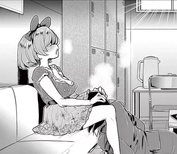 Mono: 2girls, black hair, bow hairband, chair, clothed sex, cunnilingus, dress, frills, from side, hands on another's head, jacket, kettle, kneeling, large breasts, light hair over eyes, light rays, locker, no eyes, on sofa/on couch, open mouth, oral se