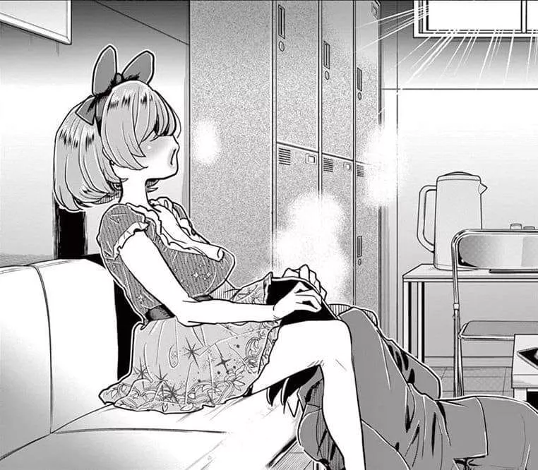 Mono: 2girls, black hair, bow hairband, chair, clothed sex, cunnilingus, dress, frills, from side, hands on another's head, jacket, kettle, kneeling, large breasts, light hair over eyes, light rays, locker, no eyes, on sofa/on couch, open mouth, oral se