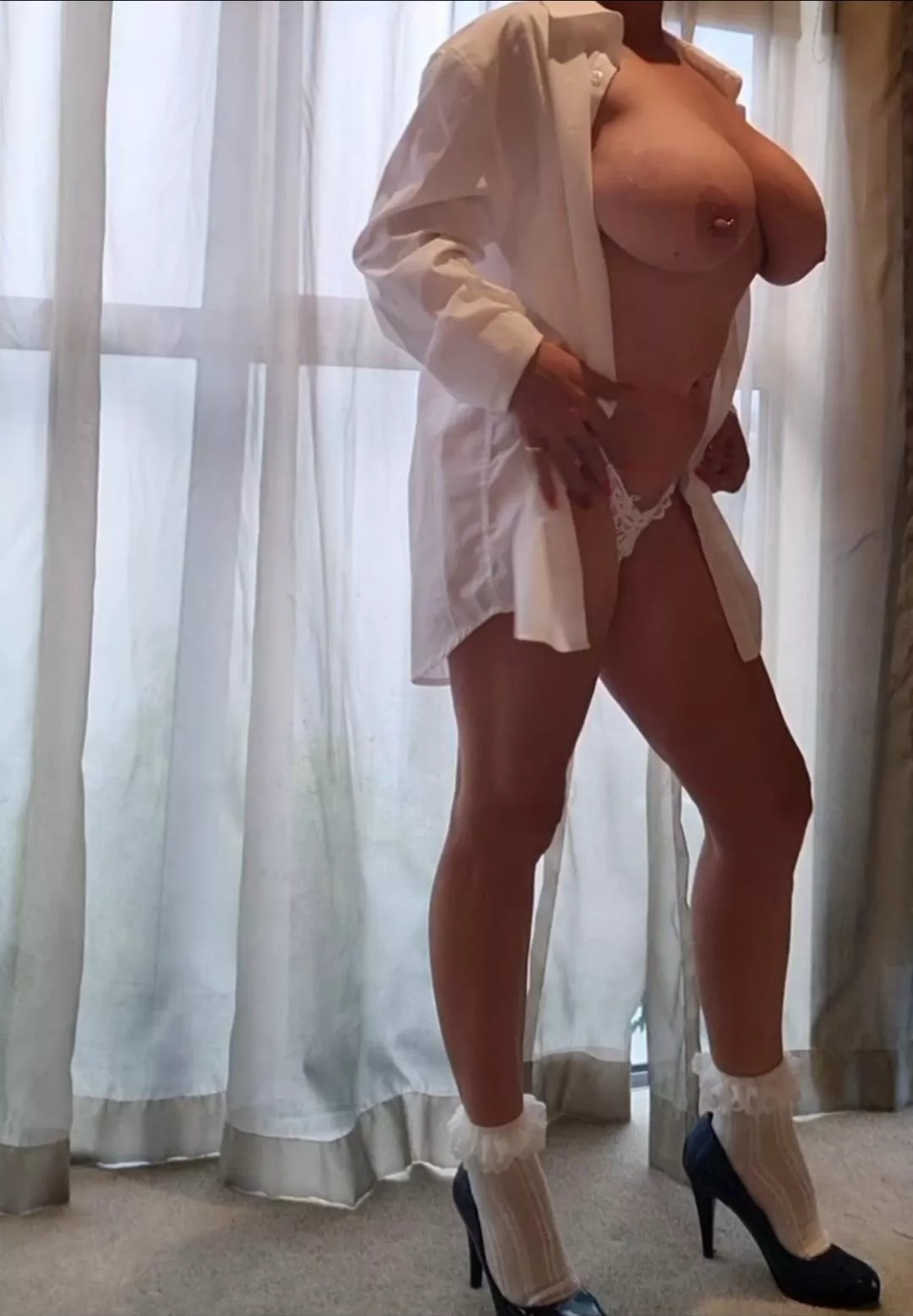 blue heels look hot with a man's shirt