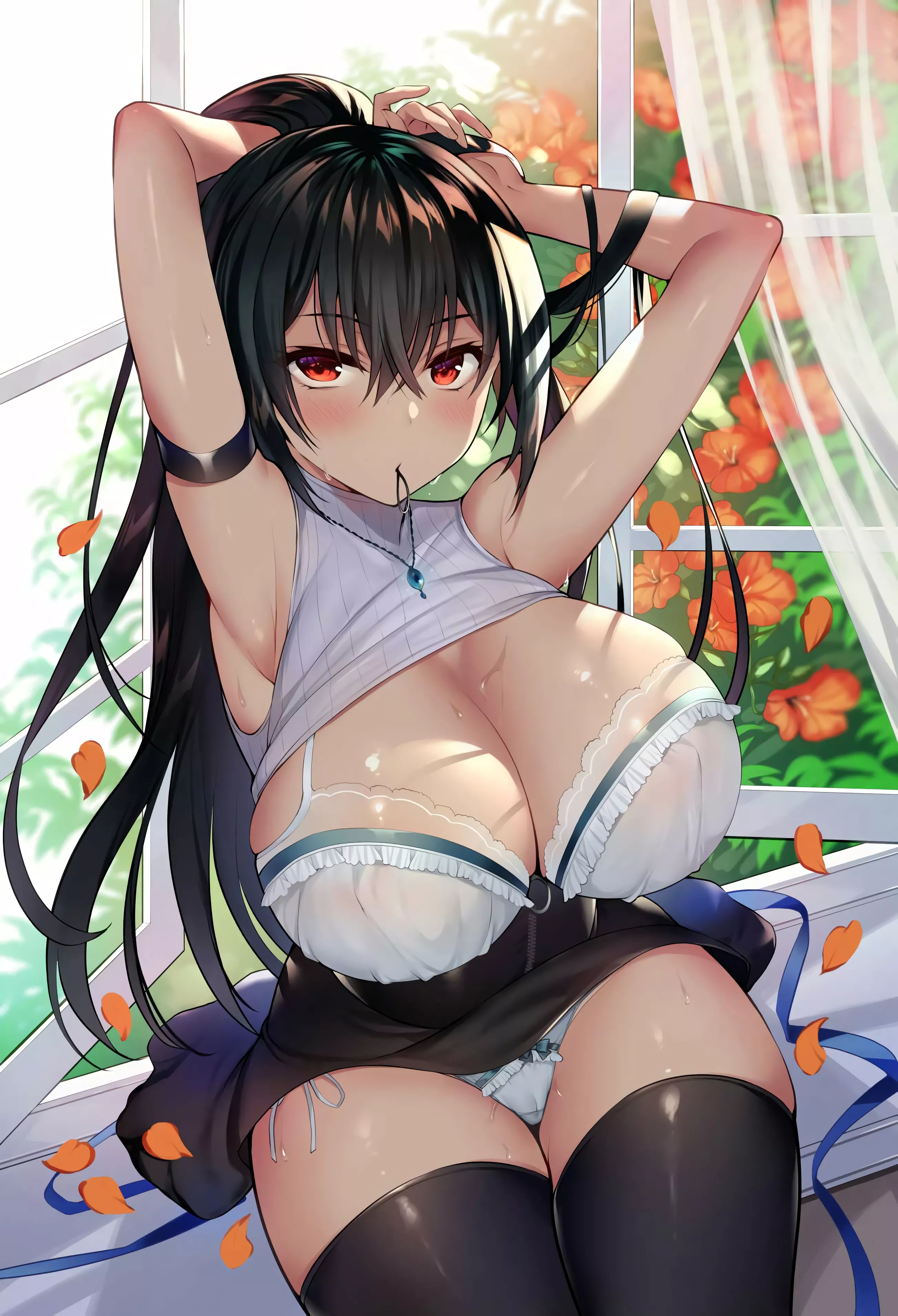 Tying up her hair while showing her mommy milkers