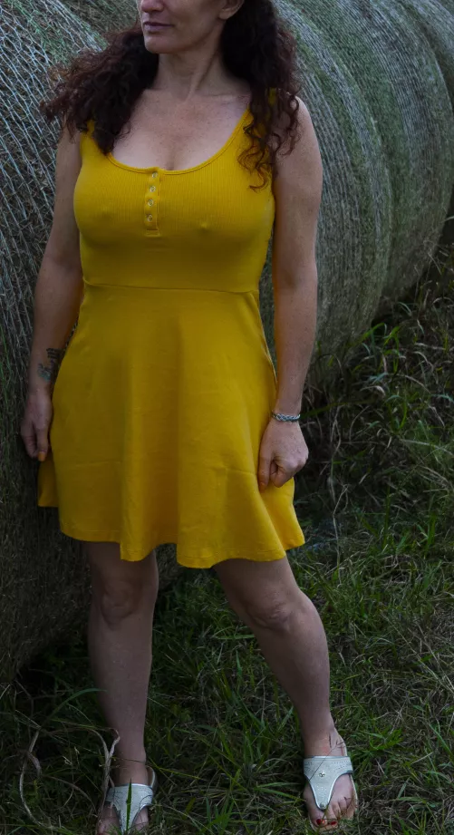 Braless country walk