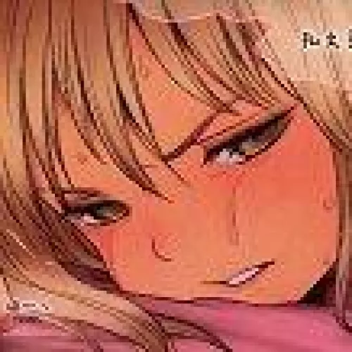 LF Color Source: 1girl, bangs, blonde hair, blush, brown eyes, close up, empty eyes/dead eyes, face, foreign text, gyaru, hair between eyes, parted lips, pink bed sheet, tan, teeth