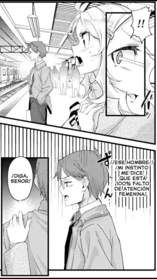 LF Mono Source: 1girl, 1boy, glasses, open mouth, fang, train station, suit, short hair, long hair, hair ornament, foreign text 