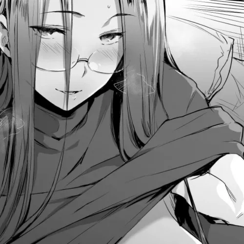 LF Mono Source: 1girl, Long Hair, Glasses, Sweater, Undressing, Slightly Sweating, Blushing, Medusa from Fate