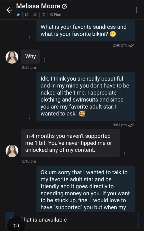 Unlike most stars, she is stuck up and money hungry. She does not care about her fans and it is a disappointment that she is like this. Find someone else that will actually appreciate having fans.