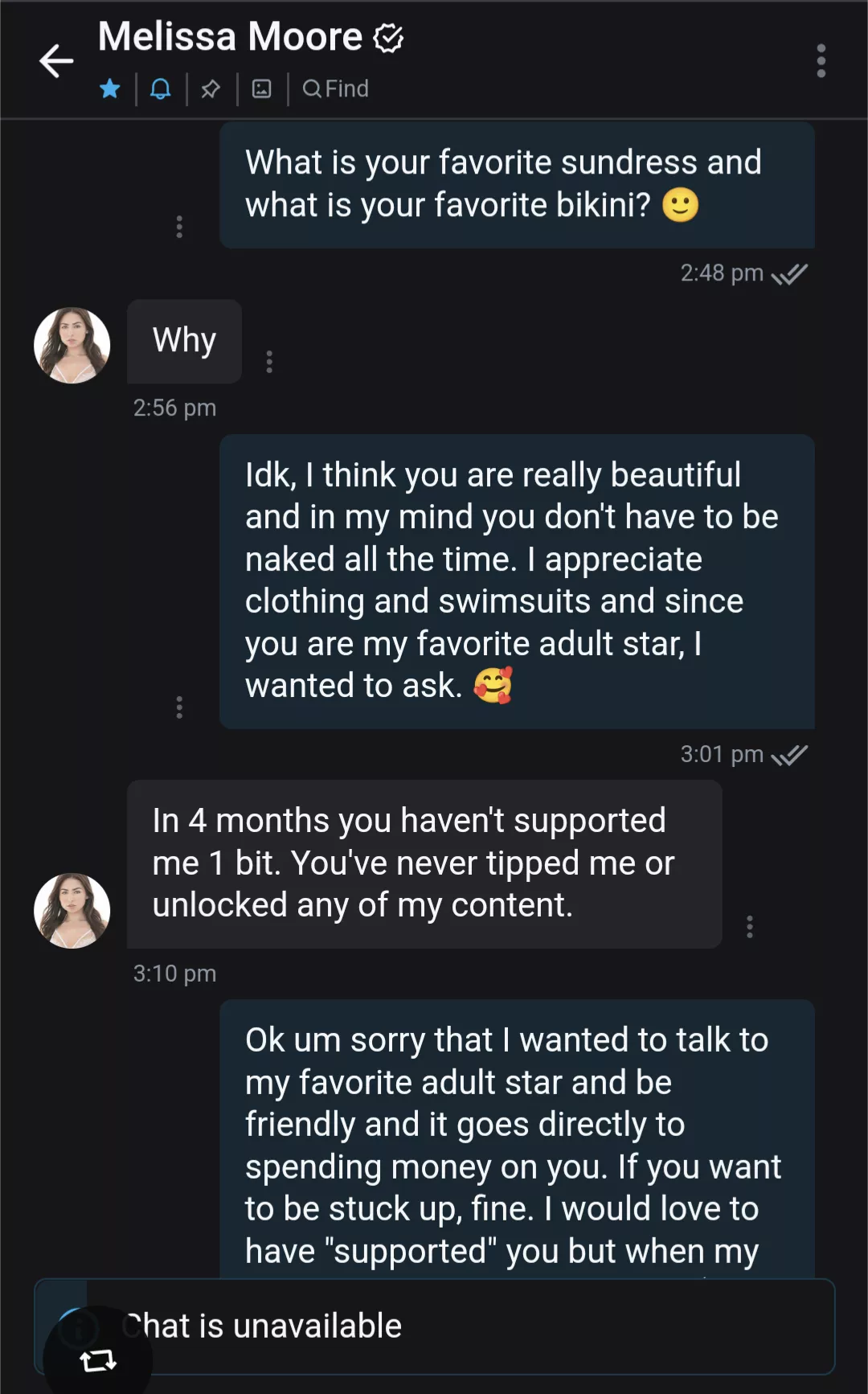 Unlike most stars, she is stuck up and money hungry. She does not care about her fans and it is a disappointment that she is like this. Find someone else that will actually appreciate having fans.