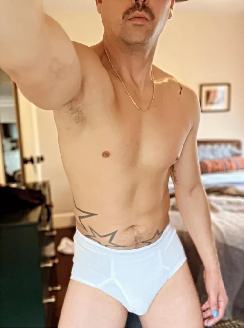 Dad mustache in classic ==Hanes== tighty whities.