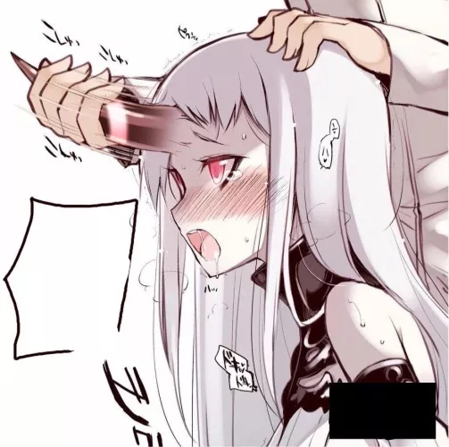 LF Color Source: foreign language, from behind, 1girl, 1boy, demon girl, long hair, white hair, red eyes, open mouth