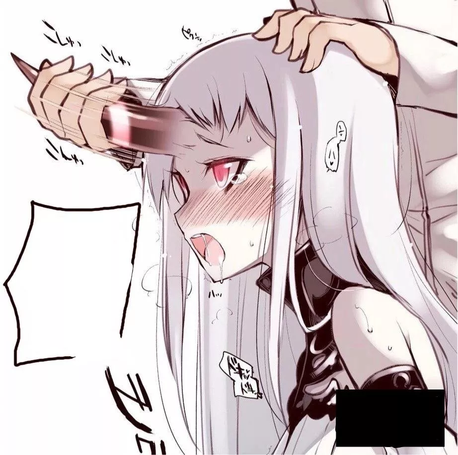 LF Color Source: foreign language, from behind, 1girl, 1boy, demon girl, long hair, white hair, red eyes, open mouth