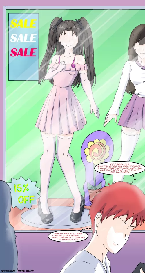 Rin goes to a clothing store and ends up turned into a mannequin after pretending to be one.