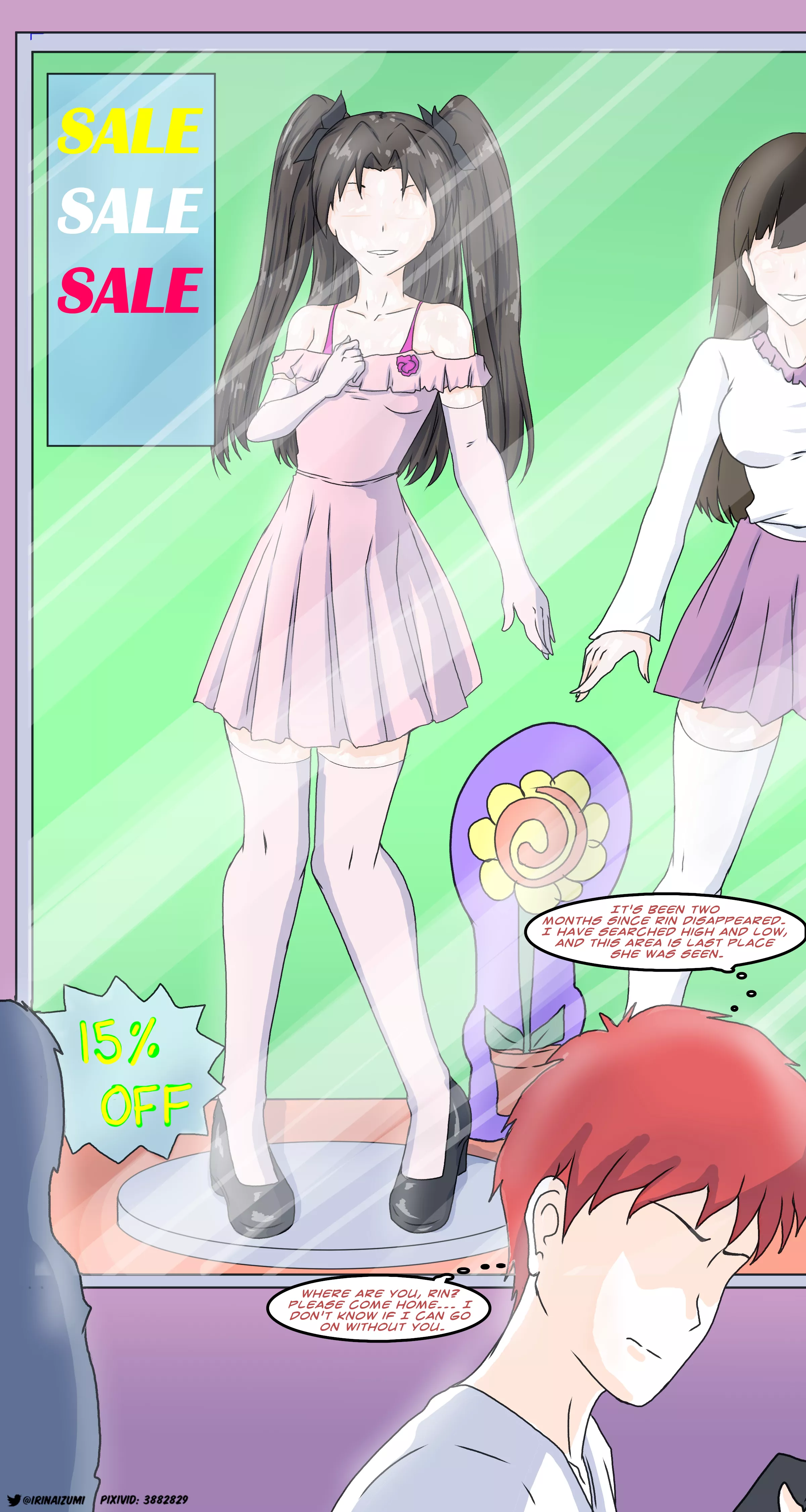 Rin goes to a clothing store and ends up turned into a mannequin after pretending to be one.