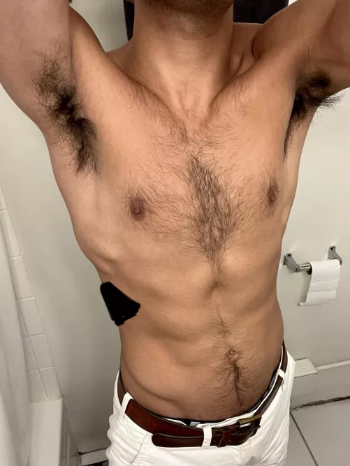 Sweaty, no deodorant. Sniff sniff