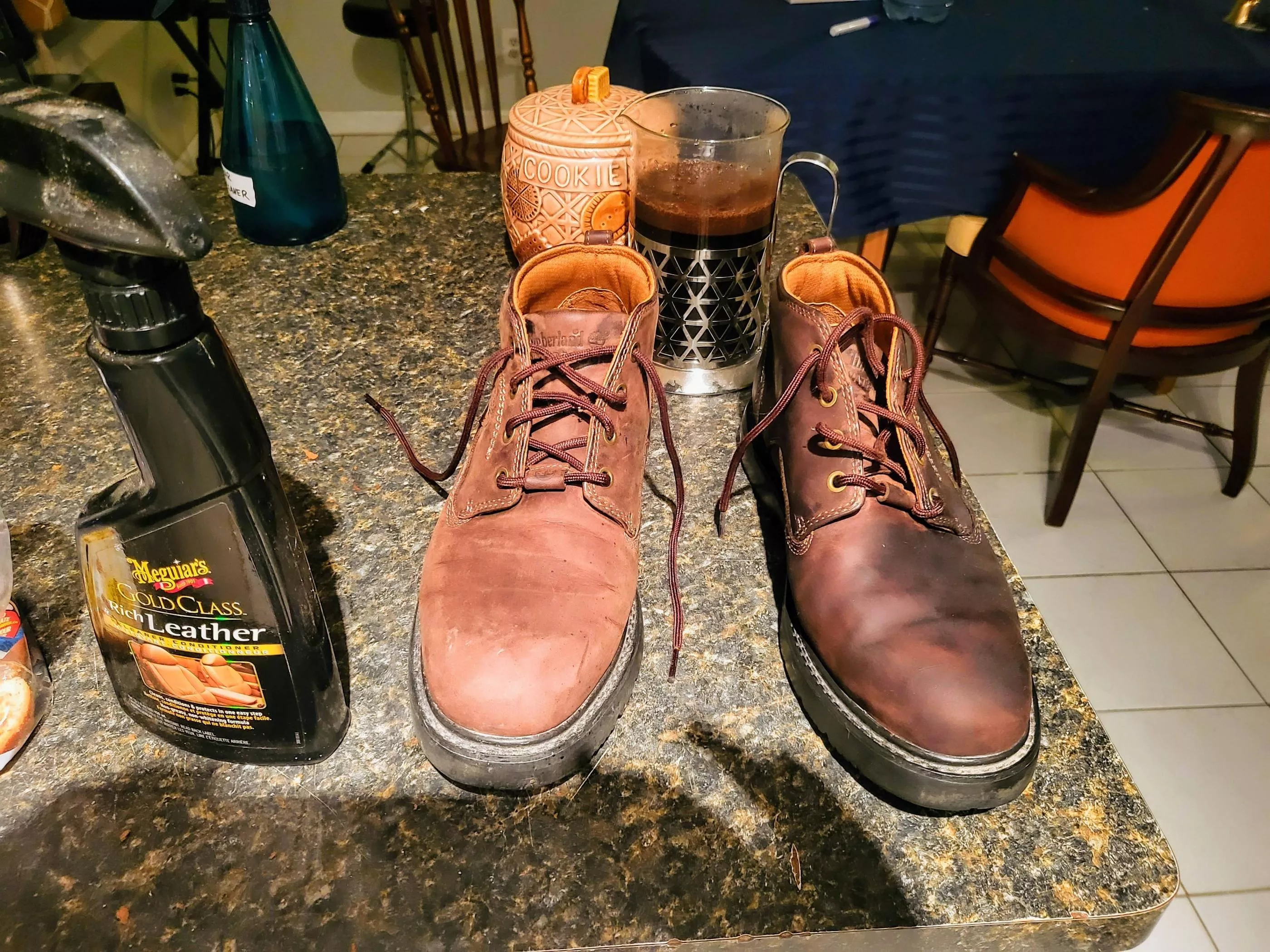 Before and after leather conditioning of the Timberlands I bought second hand for $15.