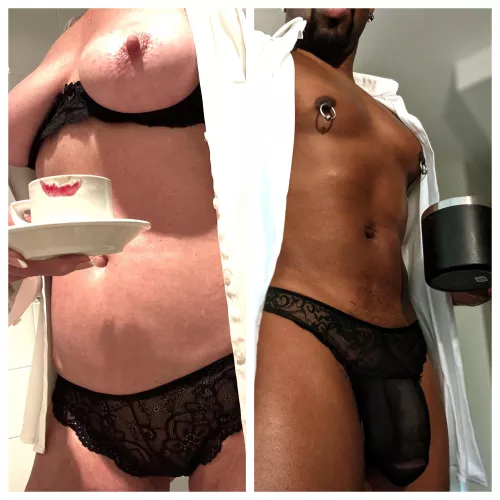 Coffee date with u/ravenbc2499.. he’s rockin the back lace..and that white shirt.. oh my..