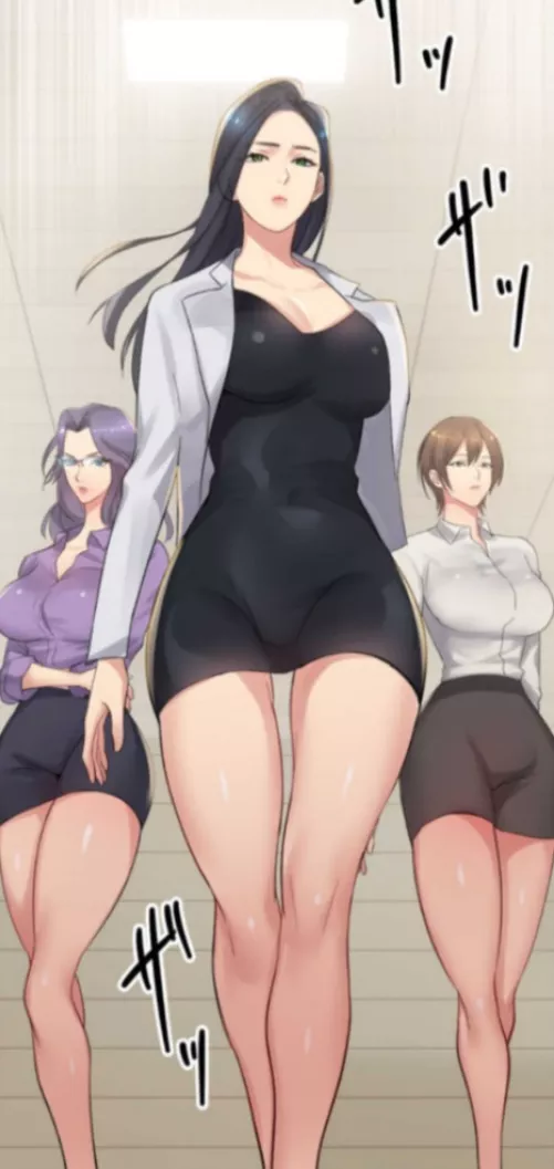 LF Color Source: 3girls, office attire, long black hair, short brunette hair, purple hair, glasses, walking, thighs, dress