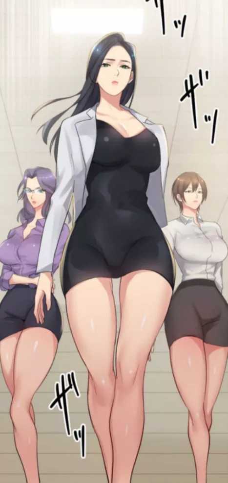 LF Color Source: 3girls, office attire, long black hair, short brunette hair, purple hair, glasses, walking, thighs, dress