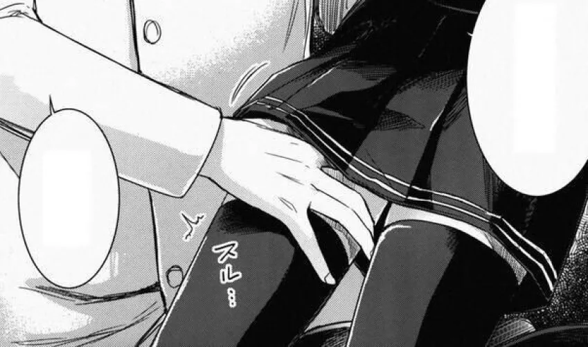 LF Mono Source: 1boy, 1girl, black skirt, blank speech bubble/empty speech bubble, buttons, close up, foreign sfx, foreign text, hand on another's thigh, hand under skirt, leg grab, lower body, military uniform, school uniform, thigh grab, thighhighs/st