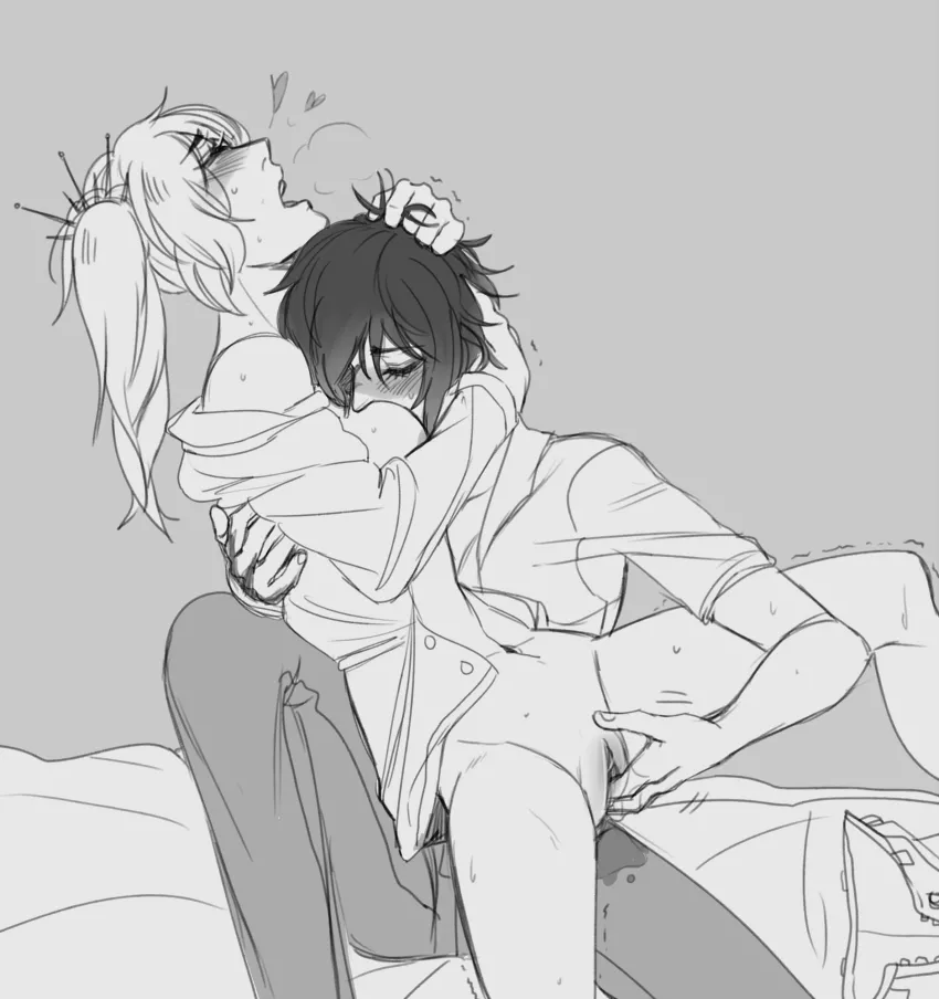 LF Mono Source, 2girls, shirt, tiara, fingering, squirt, hair grab, ponytail, short hair, bed, hearts, sweat, shivering, unbuttoned shirt, pants, blushing, face in breasts, yuri