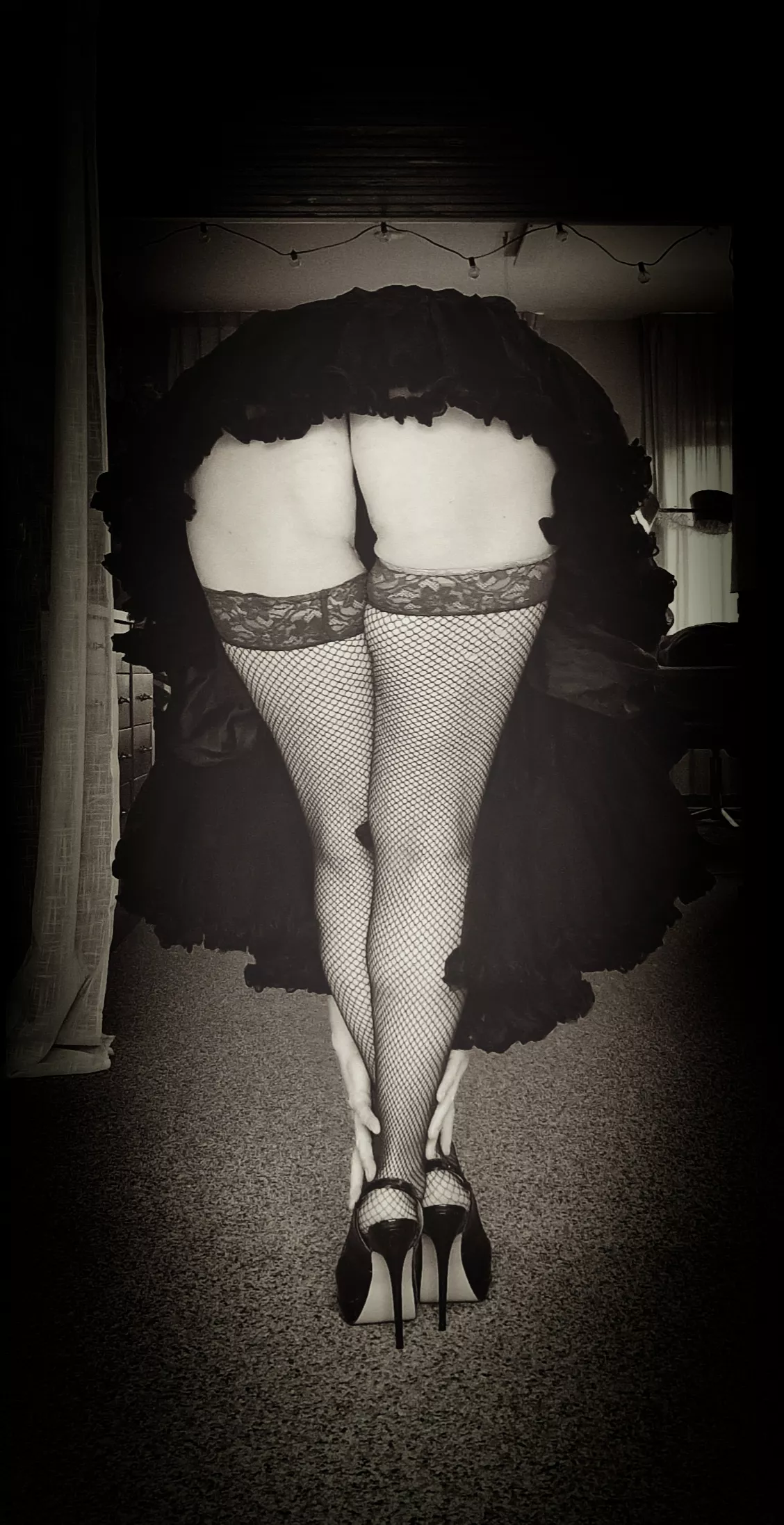 She heard his footsteps nearing. Finally! The day seemed to take forever. He left her quivering of pure lust this, just before he left for work, knowing she would be close to desperate by now. Full of anticipation, she bent over: 'Welcome home, dear.' 