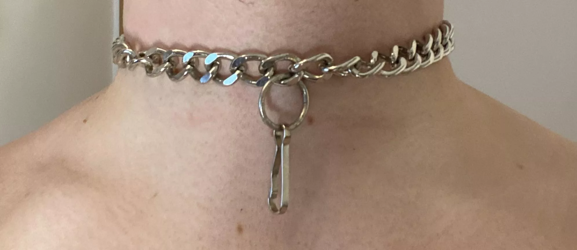A collar I made myself from the chain of a set of clamps I rarely use, two loops to padlock it securely at the back.
