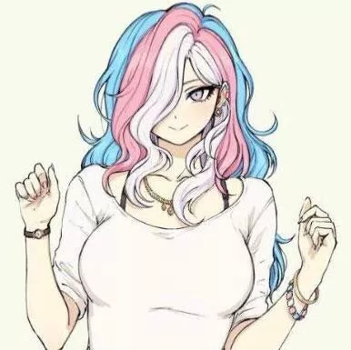 Color 1girl, bangle, blue hair, bra strap, bracelet, closed mouth, collarbone, ear piercing, earrings, hands up, large breasts, looking at viewer, multicolored hair, nail polish, pink hair, smile, transgender flag, upper body, watch, white background, wh