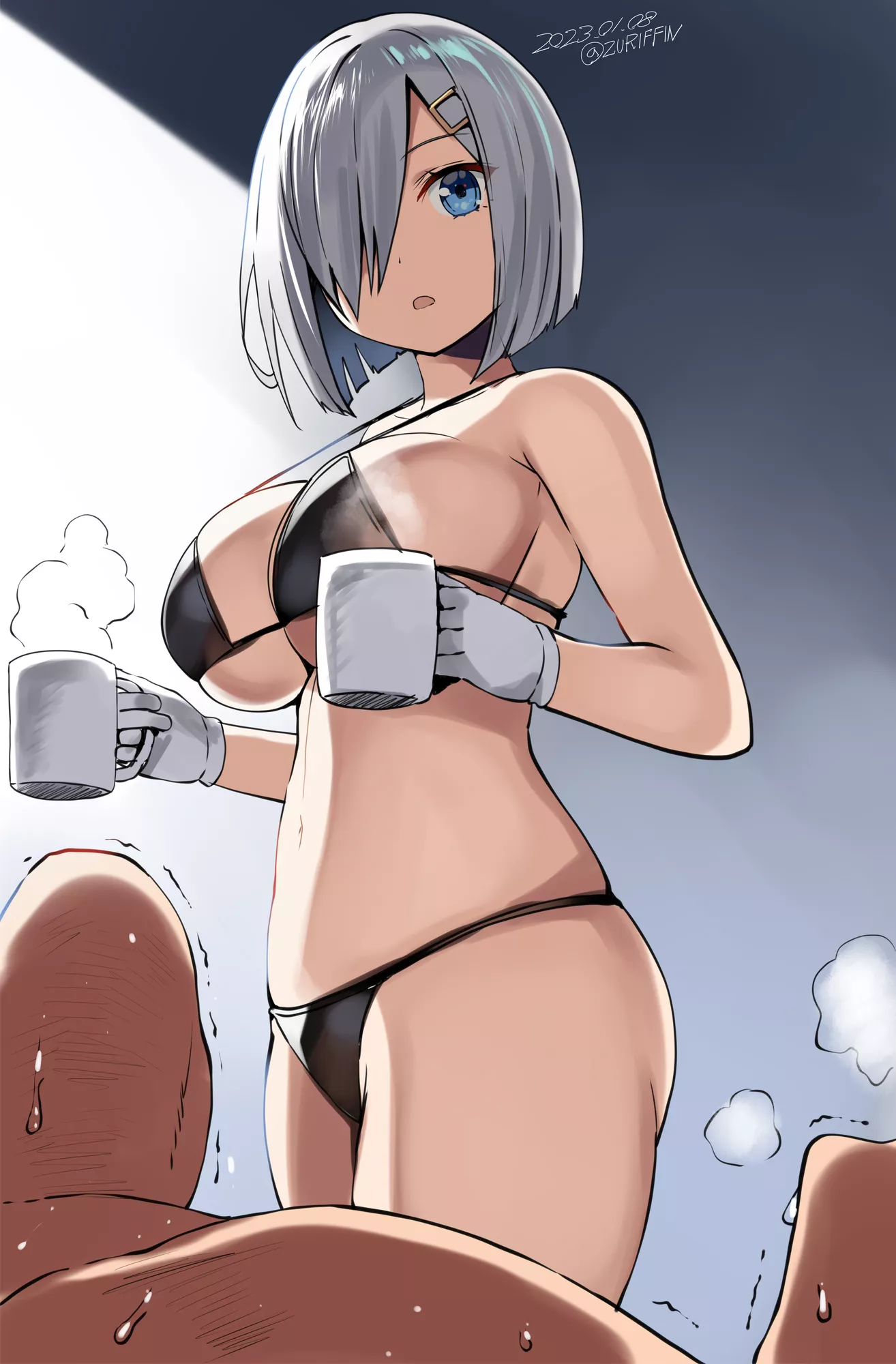 Hamakaze making coffee for the both of you after the morning routine paizuri session