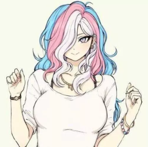 LF Color Source: 1girl, Gender Bend, Colorful Hair, Busty, Watch, Blushing, One Eye Showing
