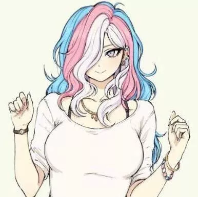 LF Color Source: 1girl, Gender Bend, Colorful Hair, Busty, Watch, Blushing, One Eye Showing
