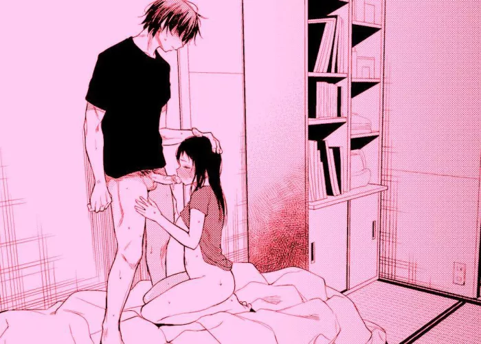 LF Mono Source: 1girl, black hair, long hair, blushing, eyes closed, blowjob/fellatio, on knees, 1boy, light hair, messy hair, standing up, black t-shirt, sweat, covered eyes, bed, bookshelf