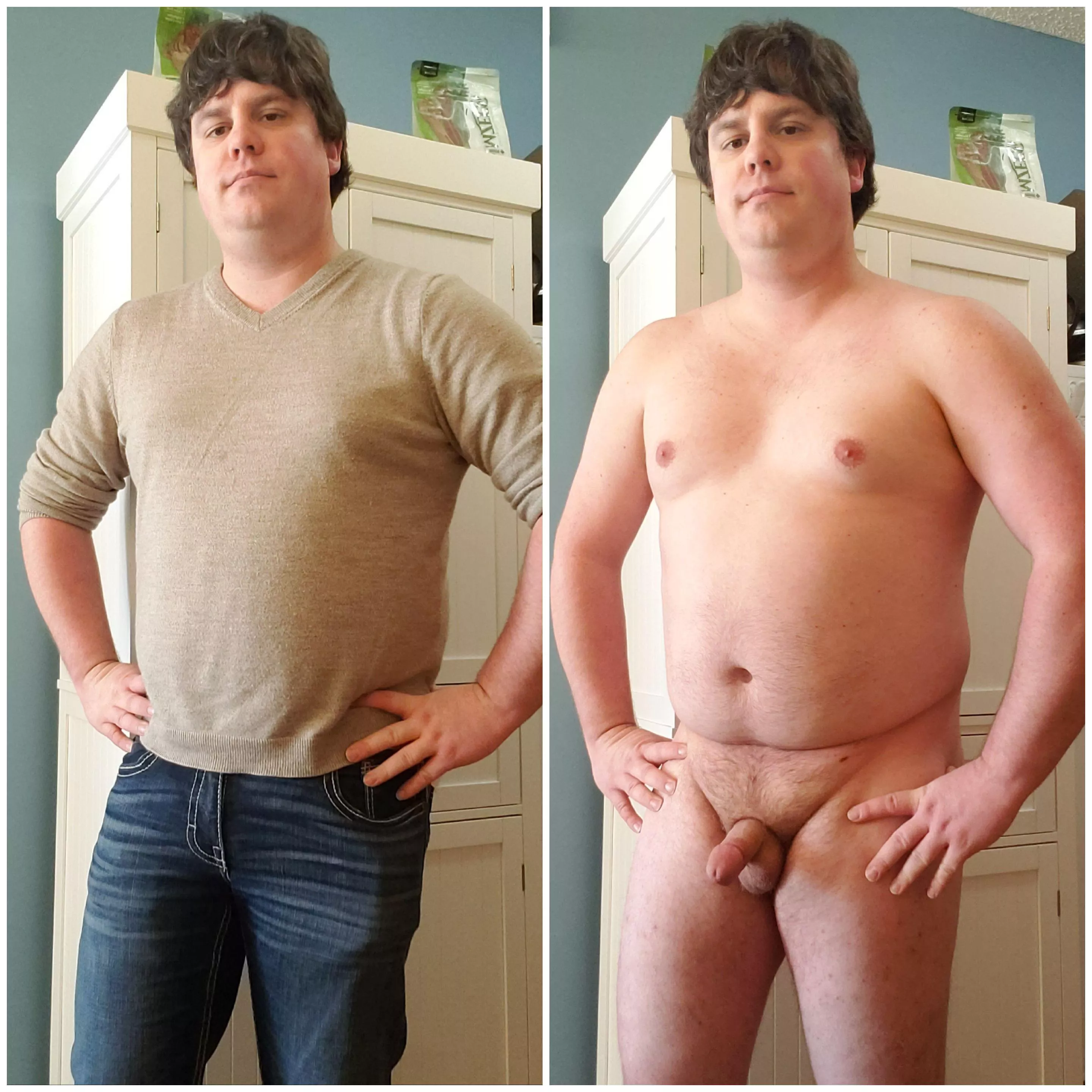 Me in the kitchen clothed versus nude