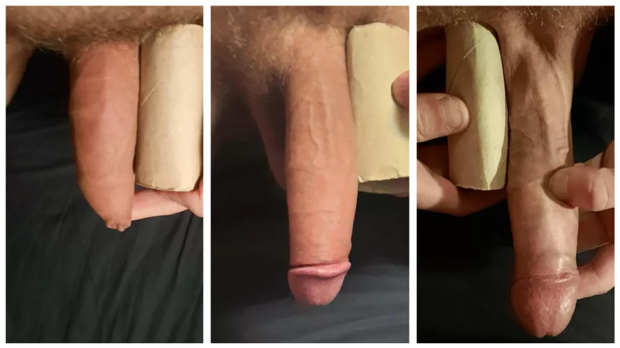 My soft, semi-hard and hard cock compared side-by-side