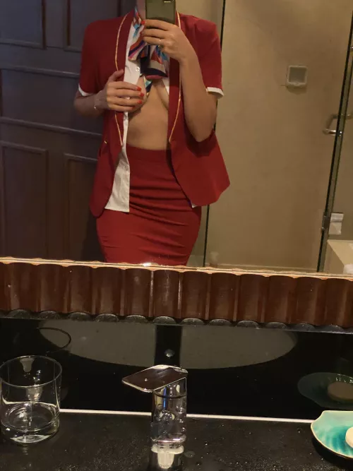 Braless flight attendant