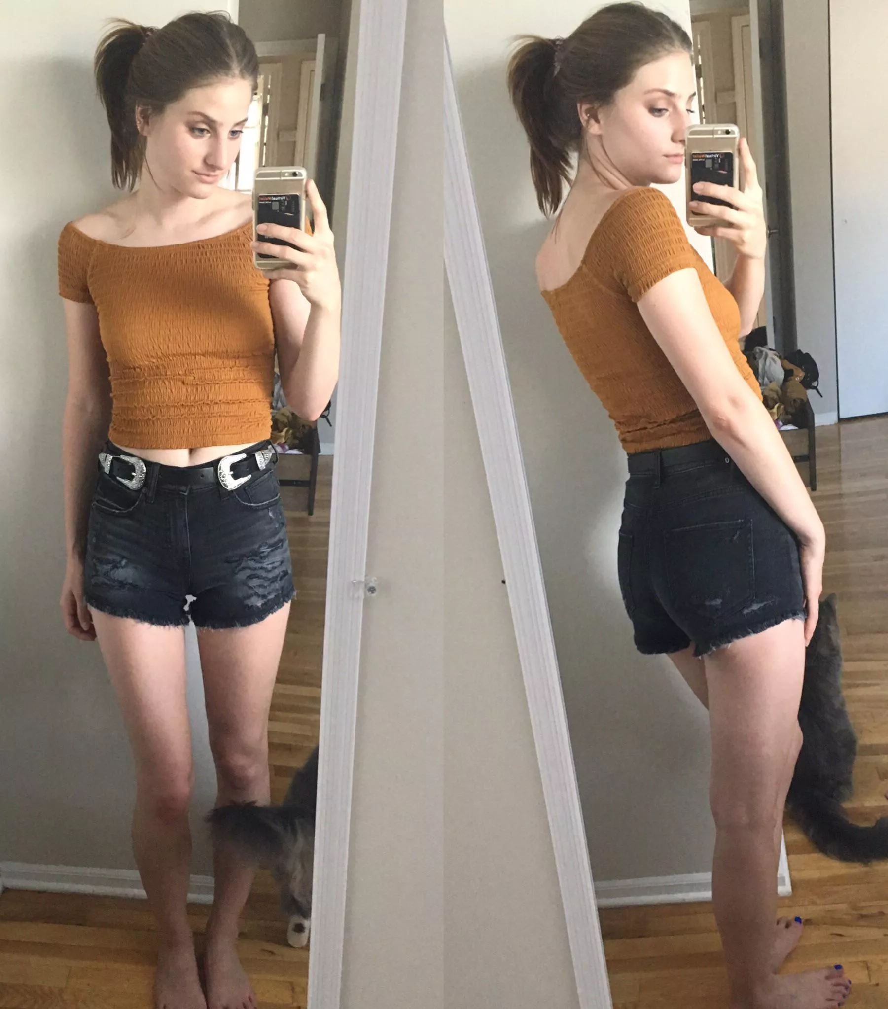 front & back outfit pic in my black jean shorts