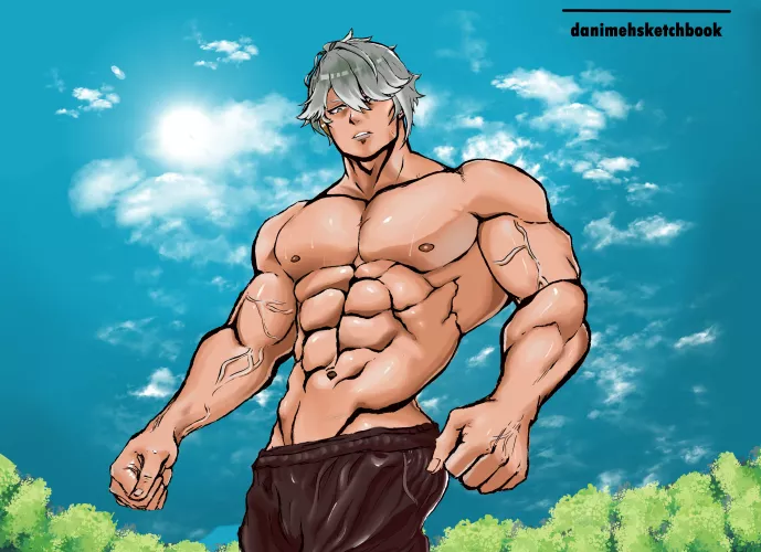 Sweaty Alhaitham (Genshin Impact) after a hard workout by @danimehsketchy in Twitter