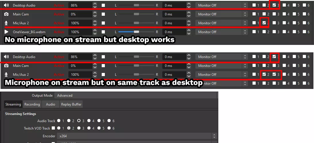How to separate mic and desktop audio on stream? Same track leads to overlapped audio, but separate tracks leads to no microphone audio at all (OBS 28.1.2)